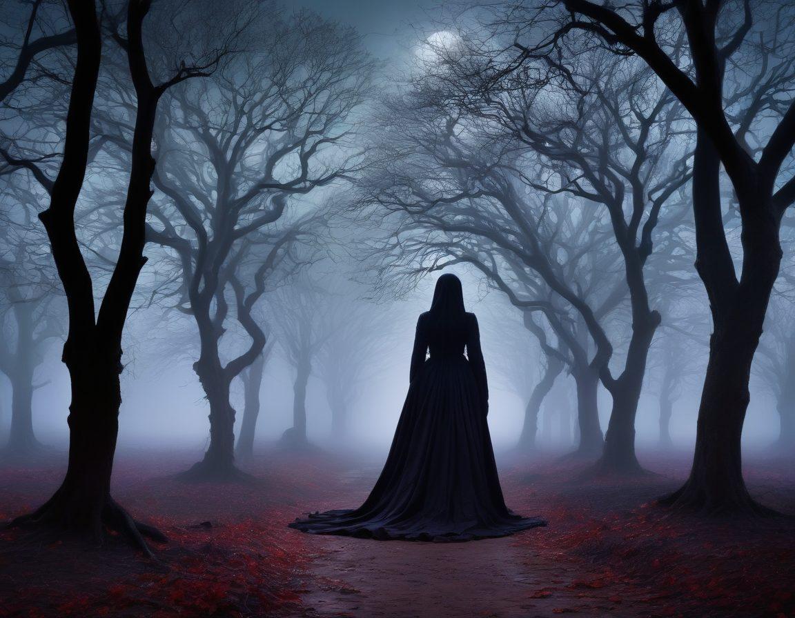 A hauntingly beautiful landscape featuring twisted trees in a moonlit setting, with shadows cast in eerie patterns across the ground. In the foreground, a figure draped in dark, flowing garments expresses deep emotion, while ghostly apparitions subtly emerge from the mist. Gothic architecture looms in the background, enhancing the macabre atmosphere. The color palette should be rich in dark purples, blacks, and deep reds, evoking an emotional depth. dark and moody. surreal. detailed. gothic art style.