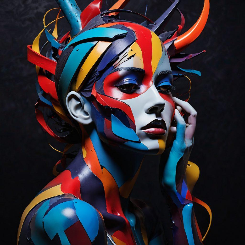 A surreal interpretation of pain and suffering intertwined with avant-garde art forms, featuring abstract figures that express emotion through vivid colors and chaotic shapes. A dark, moody background enhances the contrast of bright, avant-garde sculptures and juxtaposed textures. Incorporate elements of distortion and fragmentation to evoke a sense of struggle and resilience. super-realistic. vibrant colors. dark background.