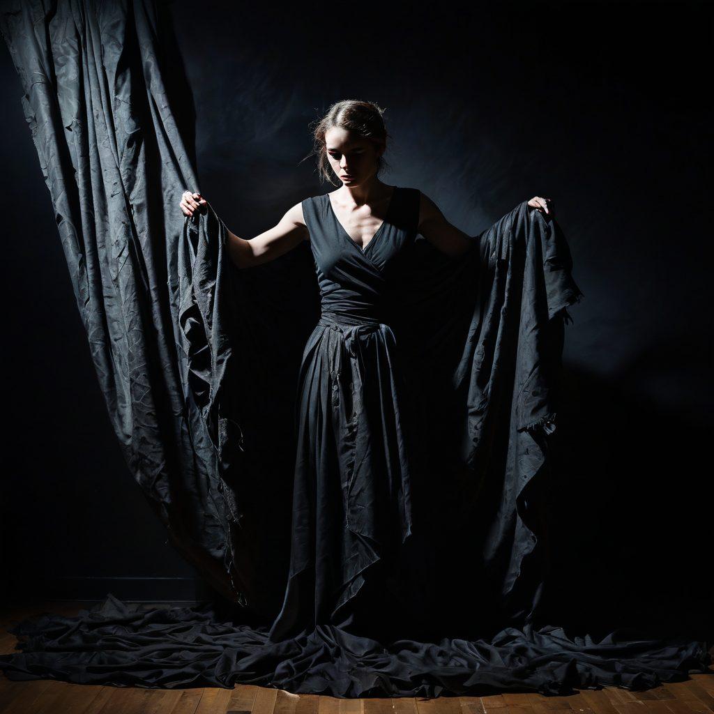 An evocative performance art scene showcasing a troubled artist surrounded by dark, swirling shadows that encapsulate their emotions. The artist, draped in tattered fabrics, expresses pain and resilience with bold brushstrokes on a canvas behind them. Ethereal light breaks through the darkness, illuminating aspects of beauty in suffering. The atmosphere is intense and raw, evoking a sense of profound transformation. abstract art, super-realistic, vibrant colors, moody lighting.